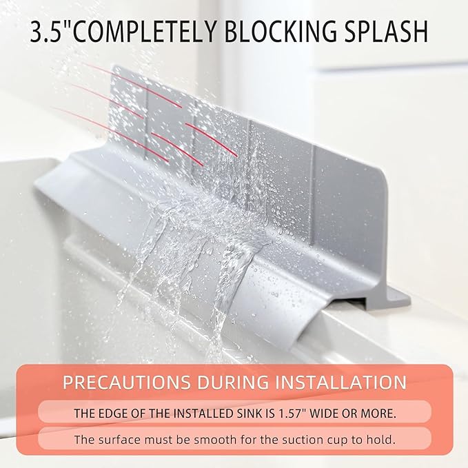 23" Ultra Silicone Sink Splash Guard Released in 2025/Dec,Self-Draining Water Splash Guard for Kitchen Sink,Bathroom and Island,with 3.5" High Splash Guard & 7 Strong Suction Cup (Grey)