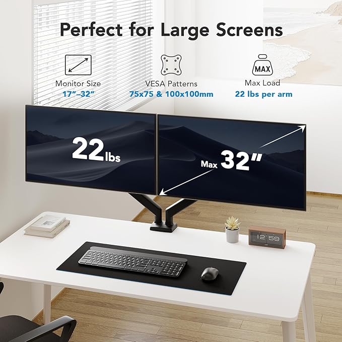HUANUO Dual Monitor Mount for 2 Monitors up to 32 inches, Each Arm Holds Max 22lbs, Dual Monitor Stand with Advanced System, Height-Adjustable/Tilt/Swivel/Rotate, VESA Standard 75mm or 100mm