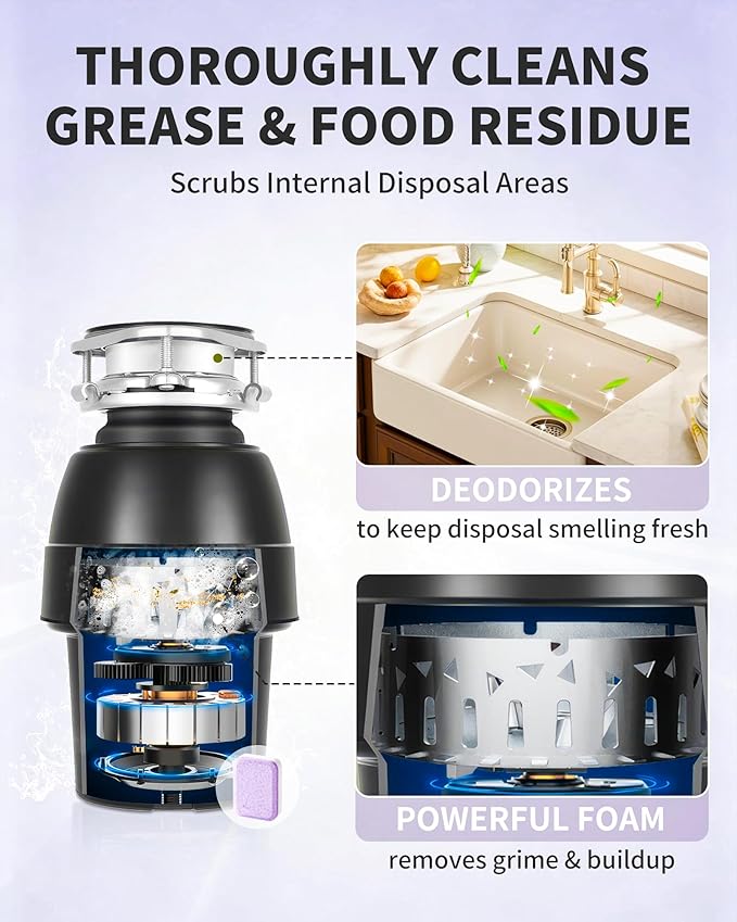 Garbage Disposal Cleaner Deodorizer Tablets - 24 Pack Powerful XL Sink Disposal Cleaner Foaming Tablet, Lavender Foam Garburator Disposer Freshener, Natural Kitchen Drain Cleaning Care, 1 Year Supply