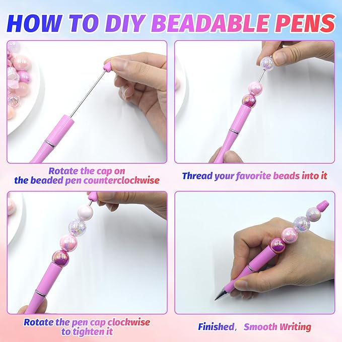 300 Pieces DIY Beadable Pen Kit – 100 Plastic Ballpoint Pens with Refills & Bags – School Supplies, Office Accessories & Decorative Items for Students & Teachers (Candy color)