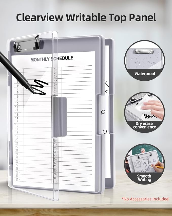 Clearview Clipboard with 2 Storage, Dry Erase 8.5x11 Heavy Duty ClipBoards - High Capacity Coaches Clip Board with Pen Holder - Side Opening Plastic Nursing Clip Case (Lvory)
