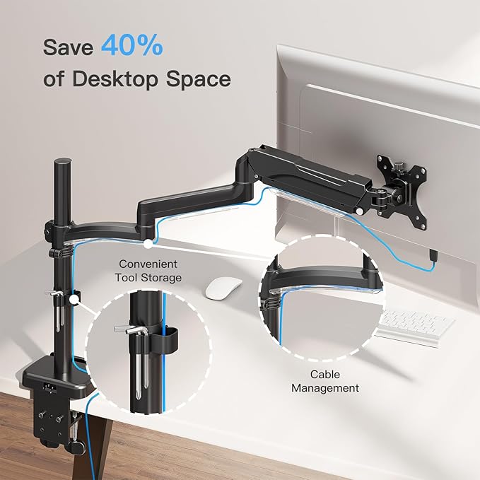 MOUNTUP 27 inch Extra Long Monitor Arm, Single Desk Mount for 22-32 inch, Tall Monitor Stand Holds 4.4-19.8lbs, Height Adjustable Monitors Stand for Desk with C-Clamp/Grommet Base, Black