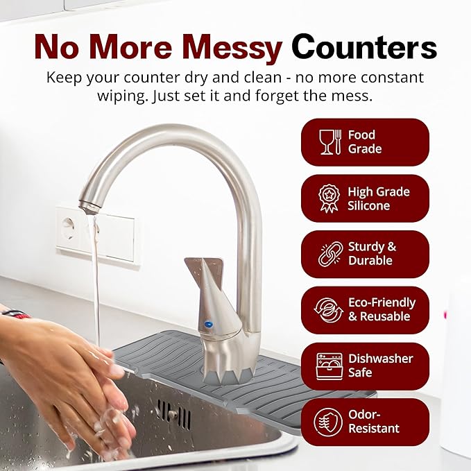 Odrago Silicone Faucet Mat (14.17"x5.70"x0.59"), Bathroom, Countertop and Kitchen Sink Splash Guard, Anti-Slip Faucet Drip Catcher Tray, 90-Degree Foldable Edge, Sloped Design for Fast Drying, Grey