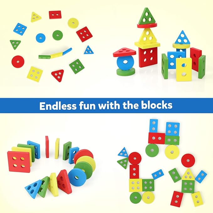 Coogam Wooden Sorting Stacking Montessori Toys, Shape Color Recognition Blocks Matching Puzzle, Fine Motor Skill Educational Preschool Learning Board Game Gift for Kids