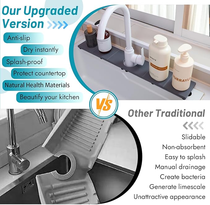 Fast Drying Faucet Mat for Kitchen Sink, Water Absorbent Diatomite Stone Sink Tray with Raised Feet, Kitchen Sink Splash Guard, Prevents Moisture Buildup, Durable Protector for Bathroom Counter