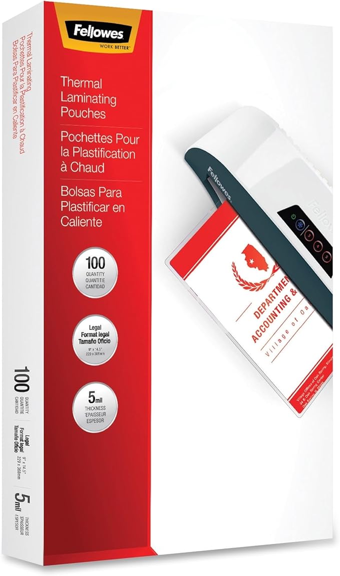 Fellowes® Laminating Pouches, 5 Mil, Legal, 9" x 14-1/2", Pack of 100 Pouches