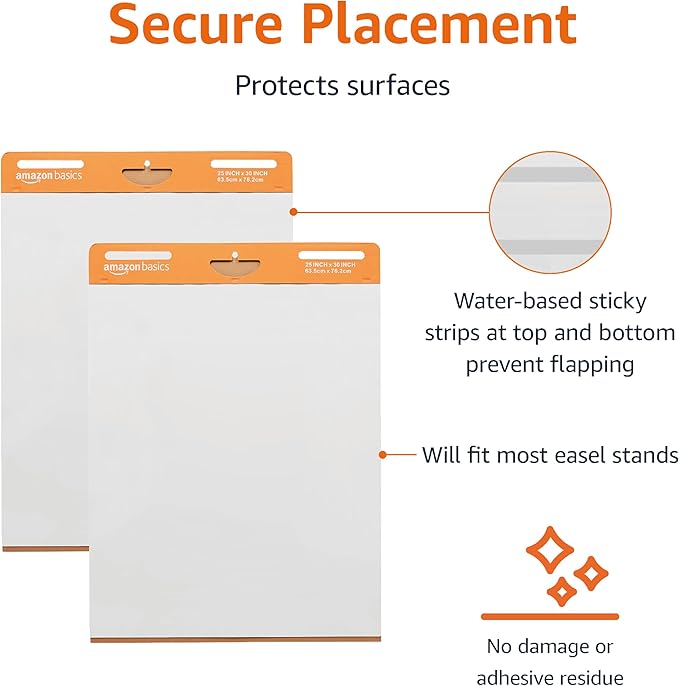 Amazon Basics Sticky Easel Pads for Presentations, Brainstorming, Classroom Use, Bleed-Resistant, Easy to Hang, 25 x 30 in, White, 2-Pack