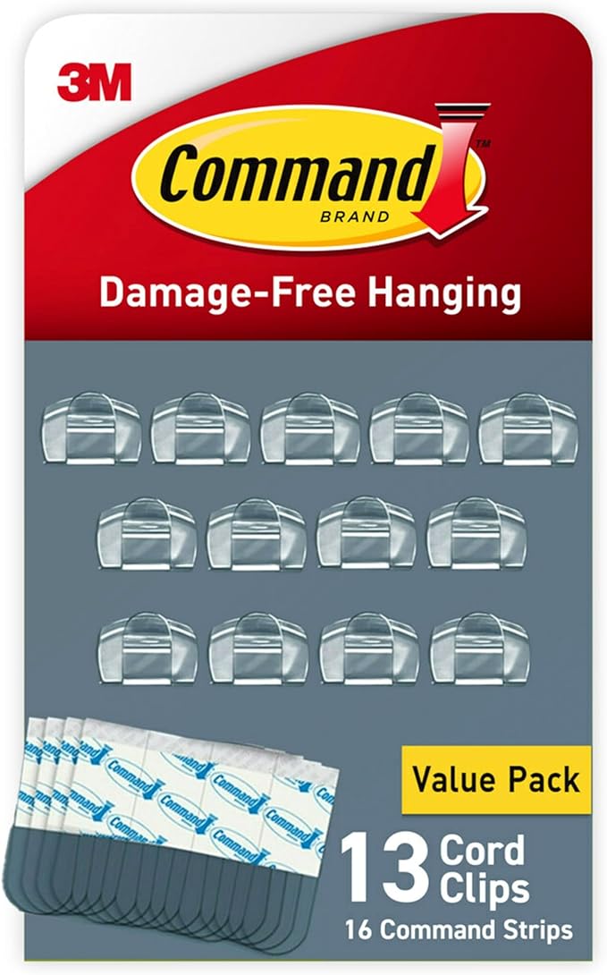 Command Round Cord Clips, Damage-Free Hanging Cable Clips, No Tools Wall Clips for Hanging Electrical Cables of Christmas Decorations, 13 Clear Cord Clips and 16 Command Strips