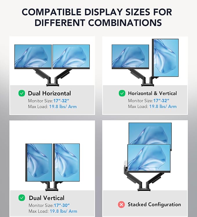 Dual Monitor Stand, Adjustable Monitor Desk Mount for 17″–32″ Computer Screens, Full Motion VESA 75x75/100x100 with C-Clamp & Grommet Aluminum Base, Each Arm Holds 4.4 to 20 lbs AX09DB201