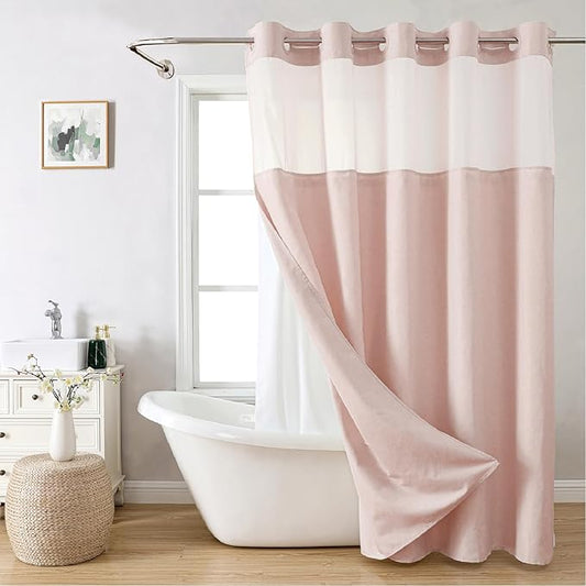 Extra Long No Hooks Needed Linen Textured Shower Curtain with Snap-in Fabric Liner Set,Blush Hotel Luxury Decor Shower Curtains for Bathroom,Waterproof & Washable,71Wx86H