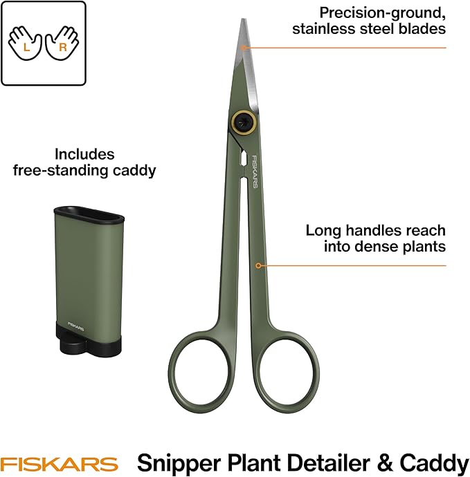Fiskars Detail Snipper & Holder, Precision Indoor Gardening Tool for Trimming Dense Foliage, Long Reach Stainless Steel Micro-Tip Blades, Clean Cuts to Promote Healthy Growth on Plants, 6"