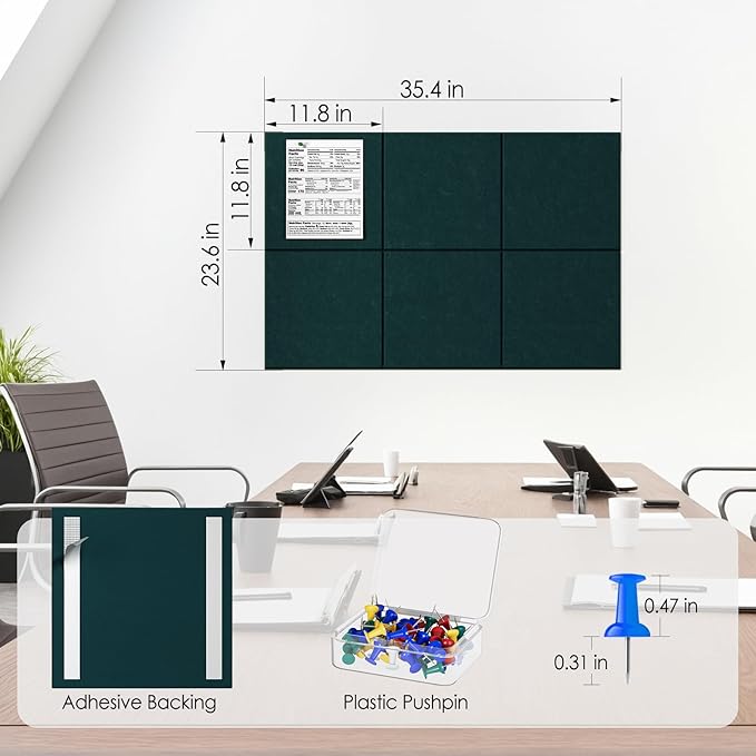 MaxGear Large Cork Board for Wall 36" x 24", Dark Green Bulletin Board, 6 Pack Felt Wall Tiles with Pushpins, Cork Boards for Office Push Pin Board Tack Board Felt Board