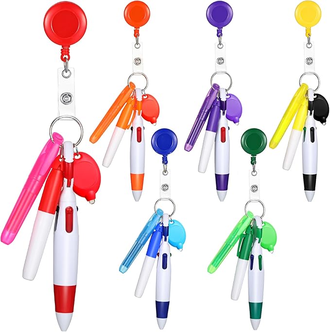 Chinco 30 Pcs Retractable Shuttle Pen Clip with Mini Highlighter Nurse Badge Pen Neon Marker LED Keychain Ring Clip