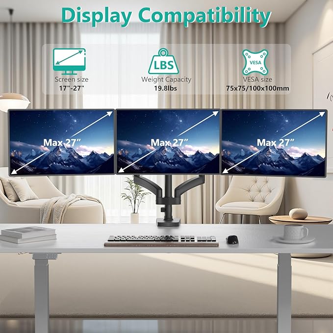 WALI Triple Monitor Mount, 3 Monitor Desk Mount with Premium Gas Spring Arm for Screens 13-27 Inch, Multiple Monitors Stand with Tilt, Swivel, Rotation, Mounting Holes 75/100 mm, Black