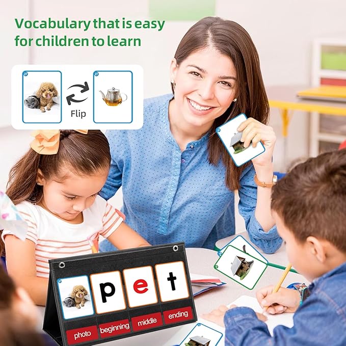 CVC Word Builder Desktop Pocket Chart with 107 Phonics Flash Cards, Kids Word Builder Games for Learn to Read CVC CVCC CCVC Words, Phonics Learning Tool for Preschool Kindergarten Classroom.