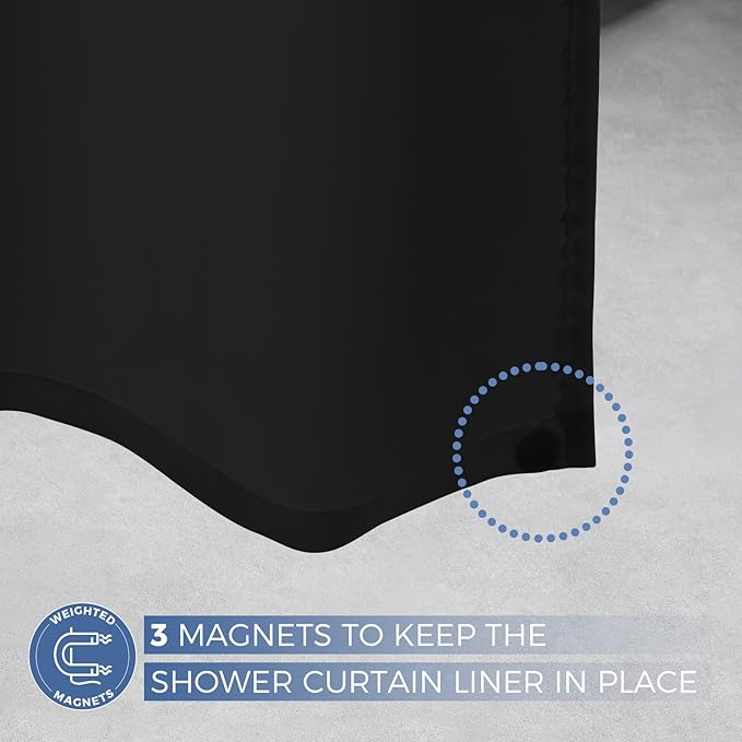 downluxe Waterproof Fabric Shower Curtain Liner, Soft Cloth Shower Liner with 3 Magnets, Machine Washable & Hotel Quality Bathroom Curtain, 70" W x 72" L, Black