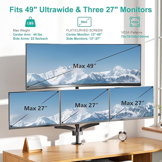 WALI 4 Monitor Mount for 13-49 inch Ultrawides on Top Bracket and 27 inch Screens on Lower Brackets, Heavy Duty Gas Spring Arm Extra Tall Quad Monitor Stand, up to 44 lbs (GSDM004S-P), Black