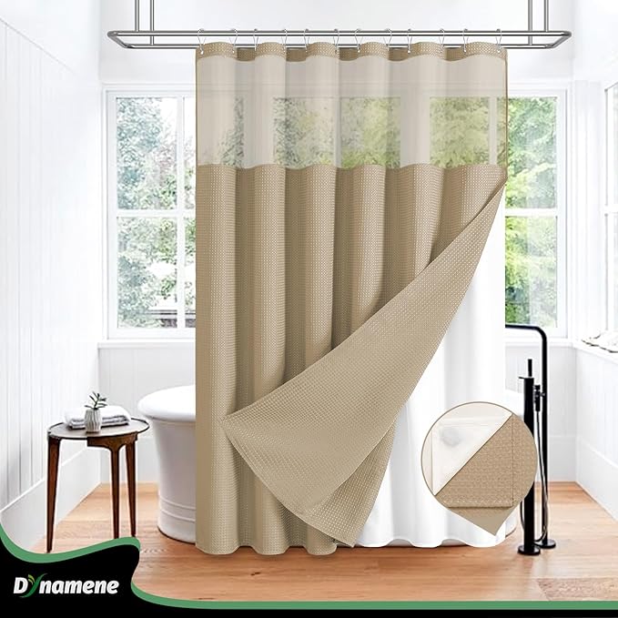 Dynamene Fabric Shower Curtain with Snap in Liner, Beige Waffle Hotel Shower Curtains for Bathroom, Washable Waterproof Cloth Shower Curtain Liner Set with Plastic Hook, Mesh Top Window, 72x72, Beige