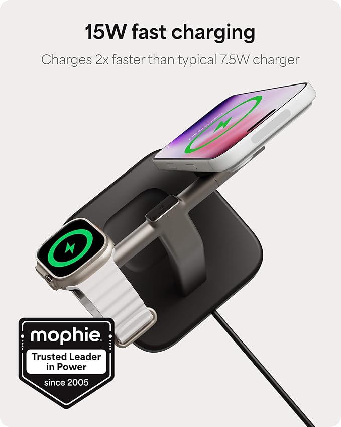 Mophie 3-in-1 Wireless Charging Stand - Qi2-Certified, MagSafe Charger for iPhone, Apple Watch & AirPods – Fast Charging Station with Adjustable Phone Stand & Cable Management – Up to 15W Power, Black