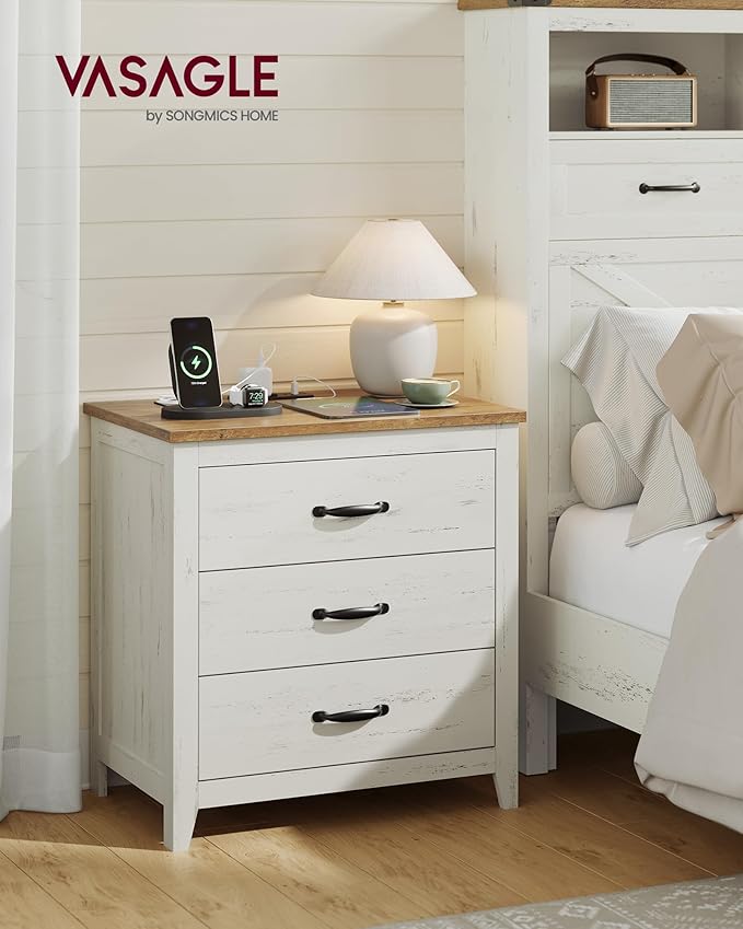 VASAGLE LIRY Collection - Farmhouse Nightstand with Charging Station, Set of 2, Bedside Tables, Side End Tables with 3 Drawers, for Bedroom, Rustic White and Honey Brown ULET979W01