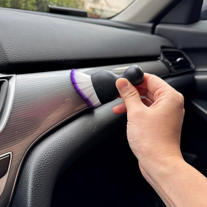 Car Detailing Brush, Soft Bristle Cleaning Brush, Scratch-Free Auto Duster Tool for Dashboard, Air Vents, Leather & Interior Cleaning (Black&Purple with Cap)