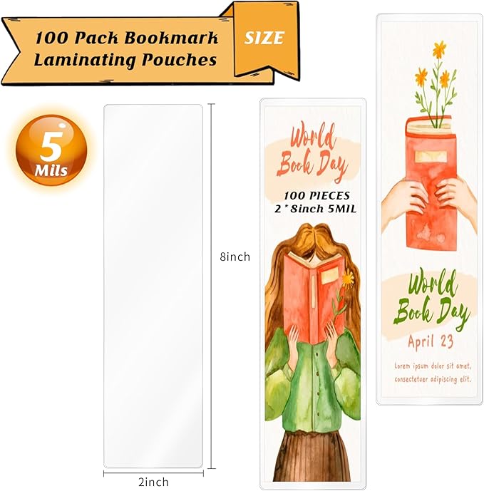 100Pcs Bookmark Laminating Pouches 2x8inch Hot Laminator Sleeves 5 Mil Compatible with Most Pouch Laminating Machines for Book Lovers Nature Lovers