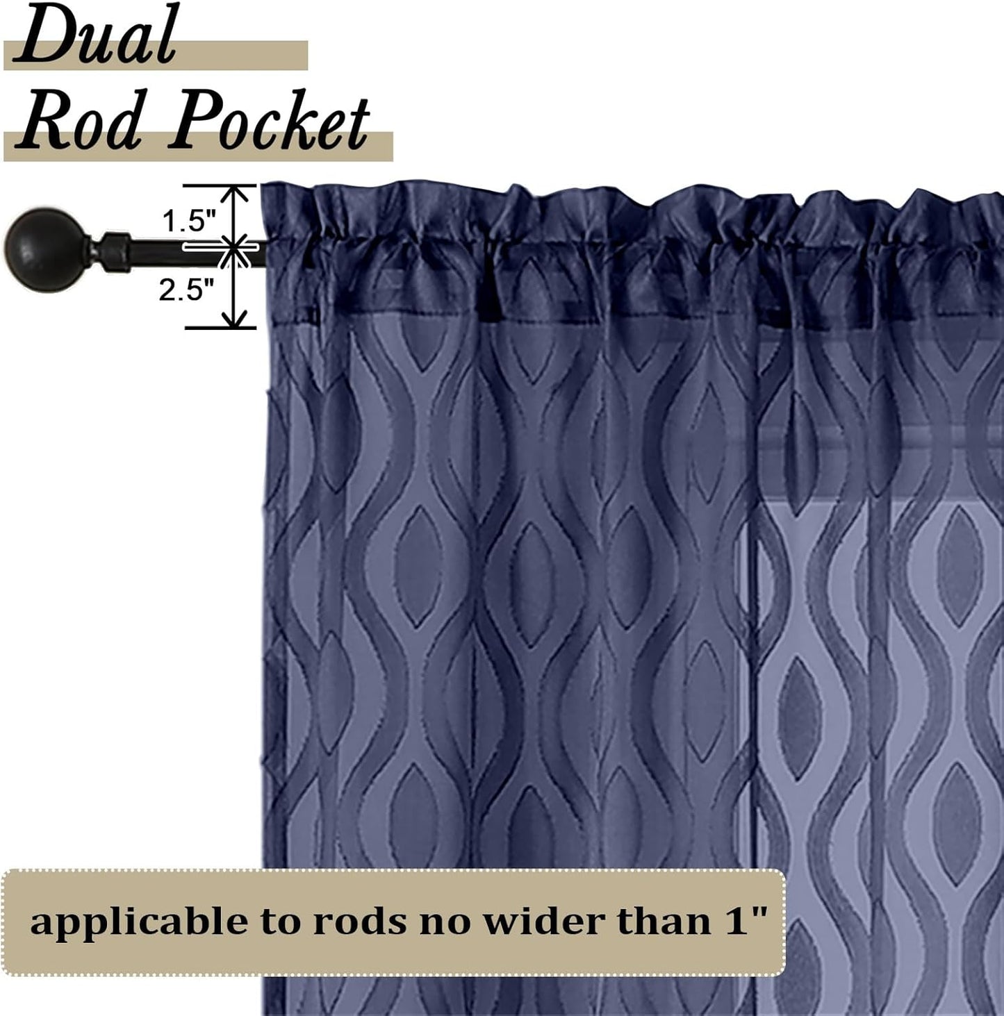 Aiyufeng Blue Sheer Curtains 63 Inch Length 2 Panels Set, Airy Light Filtering Solid Clip Jacquard Farmhouse Curtians for Bedroom Living Room, Modern Wavy Line Panel Curtains, 40" WX63 L Inches
