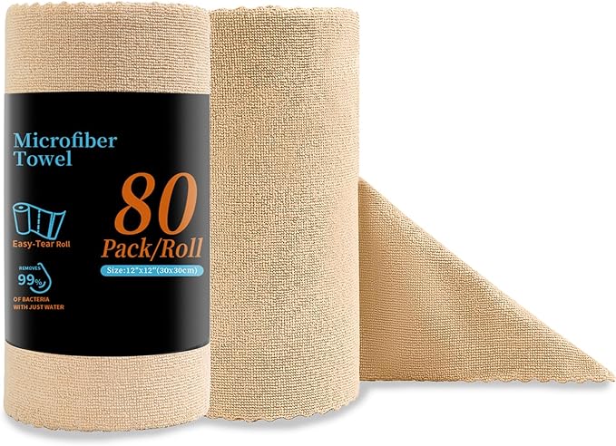 Jessy Home 80 Pack Microfiber Cleaning Cloth Roll Reusable Paper Towels 12"x12" Tear Away Cloth, Microfiber Towels for Cars, Wash Cloths, Lint Free Rags for House, Kitchen,Window,Cleaning Supplies