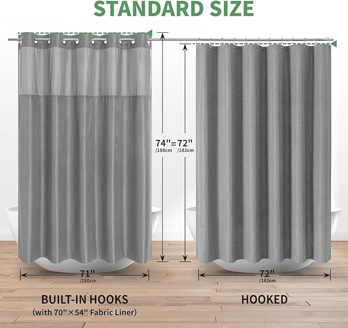 No Hook Waffle Weave Shower Curtain with Snap-in Fabric Liner Set,Grey Shower Curtains for Bathroom with See Through Top Window,Water Repellent & Washable,71Wx74H,Gray