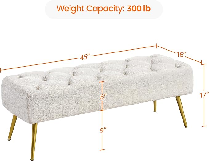 Yaheetech Modern Ottoman Bench Boucle Bench Upholstered Footrest for Living Room with Gold Metal Legs and Padded Seat Ivory