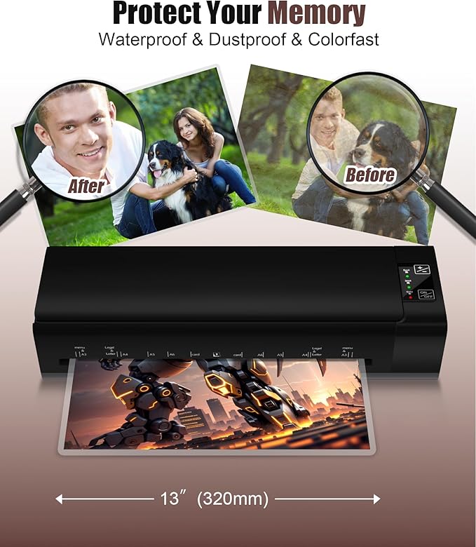 13 Inch Laminator Machine, A-3 9-in-1 Thermal Laminator with Sheets for Hot & Cold Laminating Machine, Features Fast 60-Sec Warm Technology and Never-Jam Design for Home,Office,or School Use (Black)