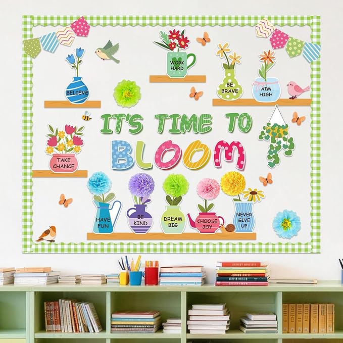 Spring Bulletin Board Decorations for Classroom - It's Time to Bloom Bulletin Board Set with 3D Paper Flower Cutouts Motivational Decorations for Spring Summer School Home Chalkboard Door Wall Supply