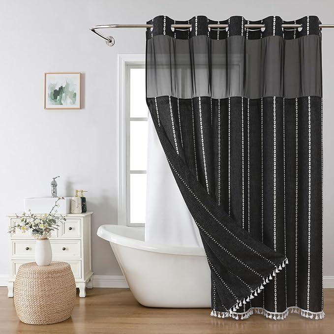 No Hook Extra Long Shower Curtain Set with Snap-in Liner,Linen Textured Thick Striped Fabric with Tassels,Boho Chic Modern Farmhouse Bathroom Curtain,Water-Repellent,Black,71x86