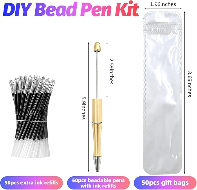 300 Pieces DIY Beadable Pen Kit – 100 Plastic Ballpoint Pens with Refills & Bags – School Supplies, Office Accessories & Decorative Items for Students & Teachers (Silver and Gold)