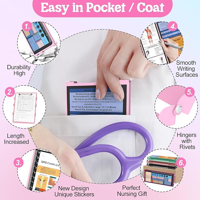 Nursing Clipboard Foldable-4 Layers Aluminum Nurse Foldable Clipboard Nursing Medical Edition Cheat Sheets, Pocket Size Pen Clip for Nurses Students School and Doctors-Pink