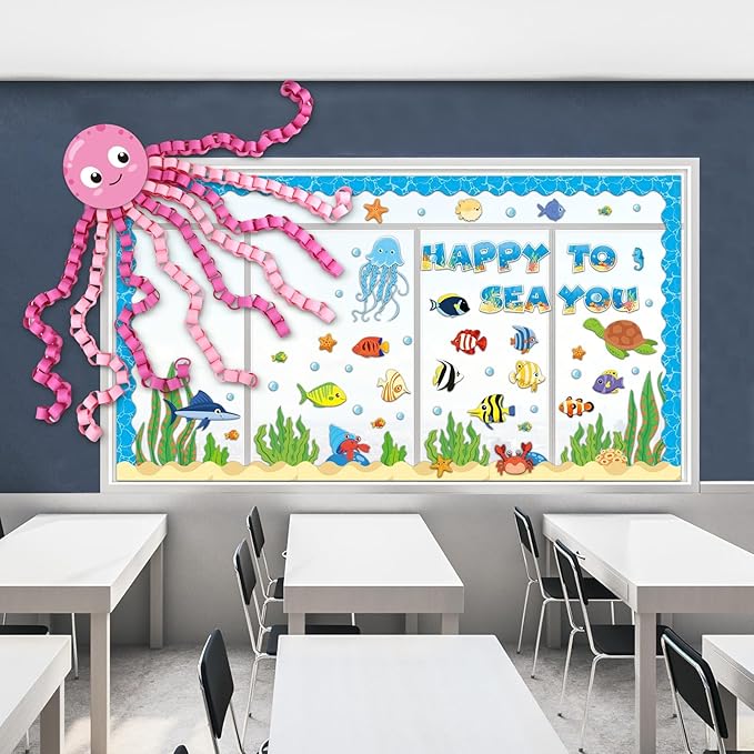 Justforjoyful 93 Pcs Sea Animal Bulletin Board Summer Classroom Decoration Under the Octopus Cutouts for Kids School Supplies Happy to Sea You Paper Wall Decor Summer Ocean Fish Cardstock Party Decor