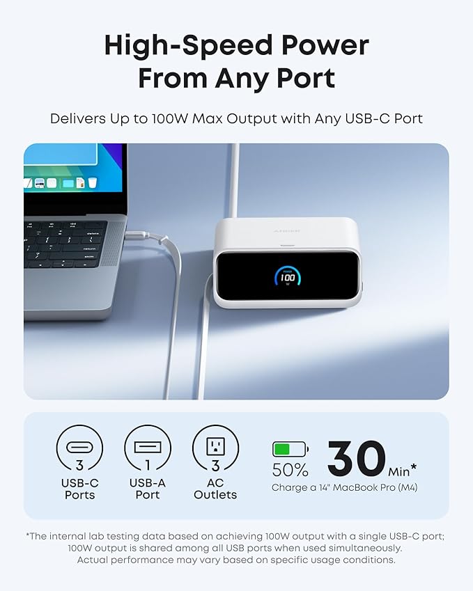 Anker Nano Charging Station, 100W 7-in-1 Power Strip, 2.3ft InstaCord Retractable Cable, Gaming Desk Accessories for Multiple Devices, 3 AC, 3 USB C, 1 USB A, MacBook Charger, Home Office(Non-Battery)