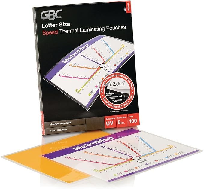 GBC Laminating Sheets, Thermal Laminating Pouches, Letter Size, 5 Mil, Speed Format, EZUse, 100 Pack, Blue (3200716)