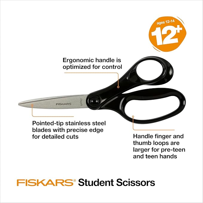 Fiskars 7" Student Scissors for Kids Ages 12-14, Scissors for School or Crafting, Back to School Supplies, Black