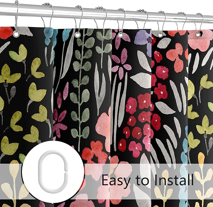 Colorful Floral Shower Curtain 60x72, Cute Boho Flower Fabric Shower Curtain, Funky Watercolor Wildflower Shower Curtain Set, Cottagecore Bohemian Bathroom Decor, Black