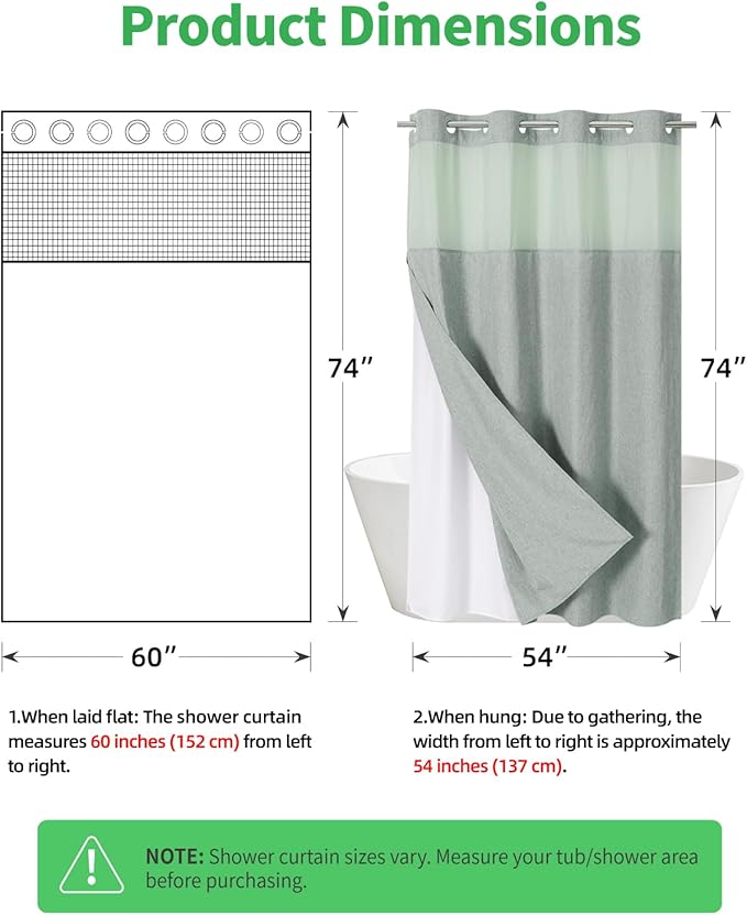 Stall No Hooks Needed Linen Textured Shower Curtain with Snap-in Fabric Liner Set,Hotel Luxury Decor Shower Curtains for Bathroom,Waterproof & Washable,60Wx74H,Sage Green