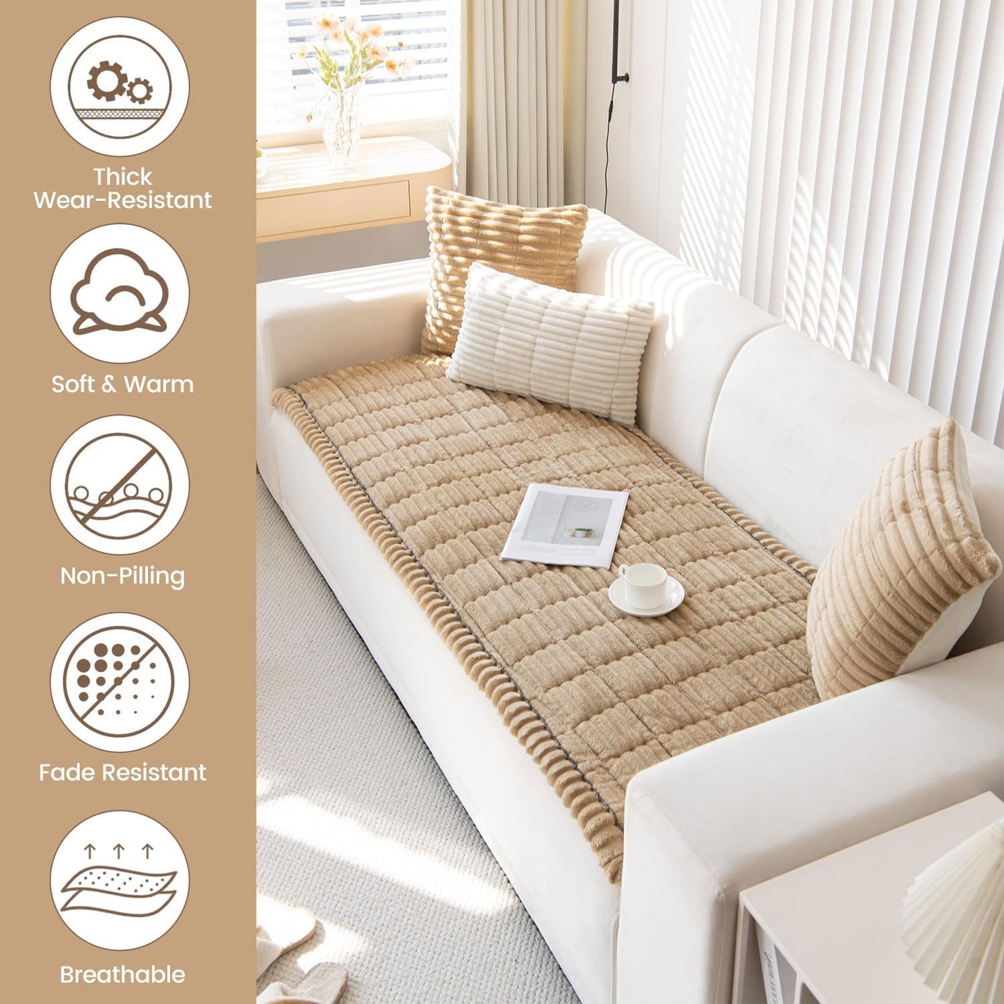 OTOB Couch Covers for 3 Cushion Sofa Pet Friendly, Plush Fuzzy Non Slip Sofa Covers Washable, Soft All Seasons Sofa Slipcovers Furniture Protector Dog Bed Mat (Coffee, 27.6" x 82.7")