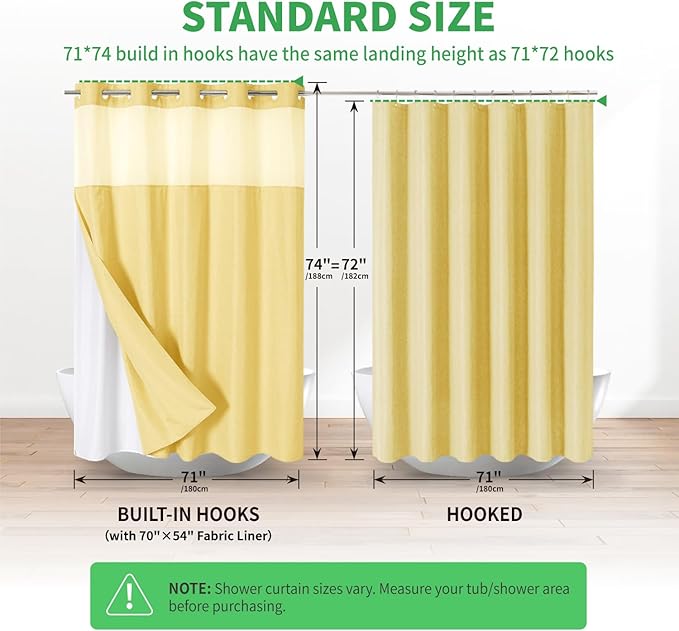 No Hooks Needed Linen Textured Shower Curtain with Snap-in Fabric Liner Set,Hotel Luxury Decor Shower Curtains for Bathroom with Mesh Top Window,Waterproof & Washable,71Wx74H,Gold
