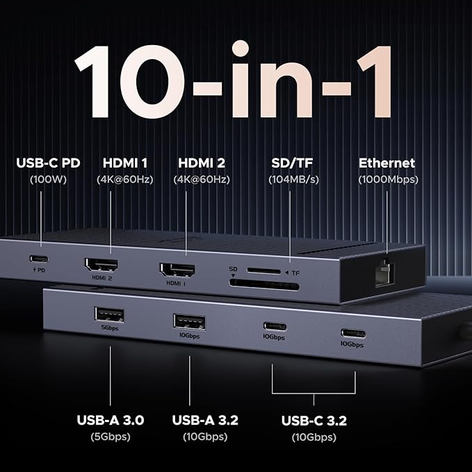 UGREEN 10 in 1 USB C Docking Station Dual 4K Monitor, Revodok USBC Hub with 2 HDMI, USB A&C 3.2 Ports, SD/TF Card Reader, PD 100W Charging, USB C Dock with 1Gbps Ethernet for Dell, HP, XPS and More