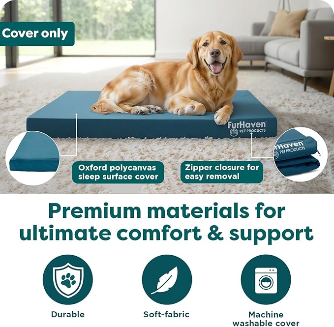 Furhaven Replacement Dog Bed Cover Water-Resistant Indoor/Outdoor Logo Print Oxford Polycanvas Mattress, Washable - Deep Lagoon, Jumbo (X-Large)
