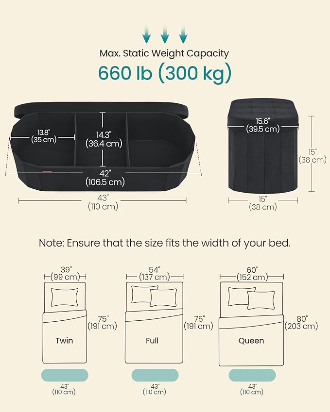 SONGMICS Mazie Collection - Folding Ottoman with Storage, Oval Storage Ottoman Bench, for Living Room, Bedroom, Velvet Fabric, 15 x 43 x 15 Inches, Ink Black ULSF297BH01
