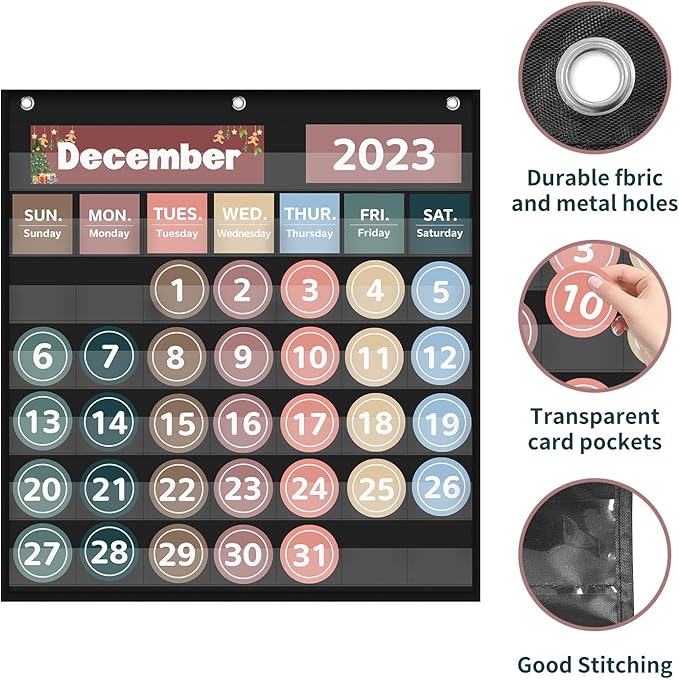 Monthly Calendar Pocket Chart for Classroom, Printed Days of The Week with Cards, Learning for Home or Kindergarten, Teacher Must Have Supplies That Fits Any School Décor (Black)