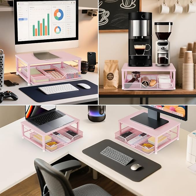 Small Pink Laptop Stand for Desk, Monitor Stand, Office Desk Accessories, Computer Desktop Stand with Drawer for Home, Office, School (Pink)