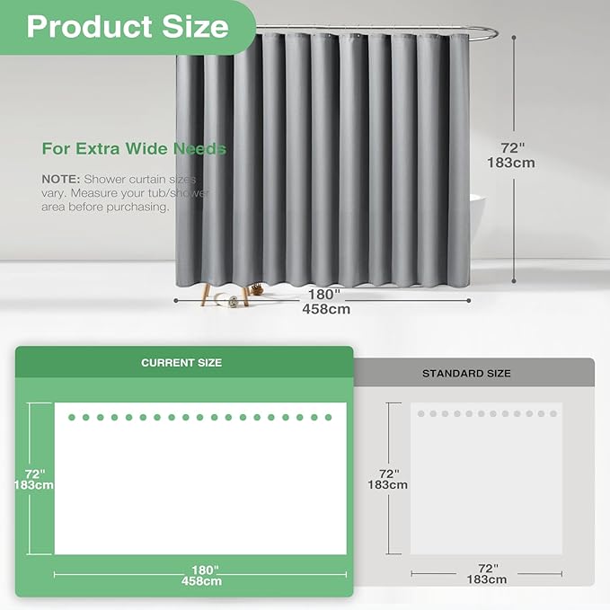 Dynamene Extra Wide Shower Curtain - 180 Inch Wide Waffle Weave Weighted Thick Cloth Bathroom Shower Curtain, Neutral Heavy Duty Hotel Shower Curtain Set with 32 Plastic Hooks,180x72, Grey/Gray