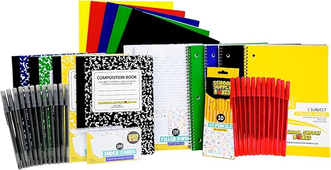 High School Writing Bundle | 1 Pallet (112 Boxes) - 51 Pieces per Box | School Supply Boxes - Back to School Essentials | Includes Composition Books, Loose Leaf Paper, Index Cards, 12 ct. Pens & More